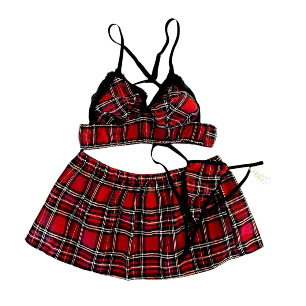 Adult Schoolgirl Outfit Red & Black Plaid New